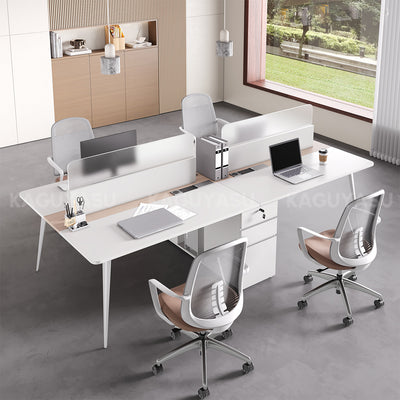 Minimalist 120" L 4-person Office Workstation Desk with Multifunctional Cable Box, Privacy Panels, Wood Grain Legs & Central Storage Cabinet for Collaborative Workspaces
