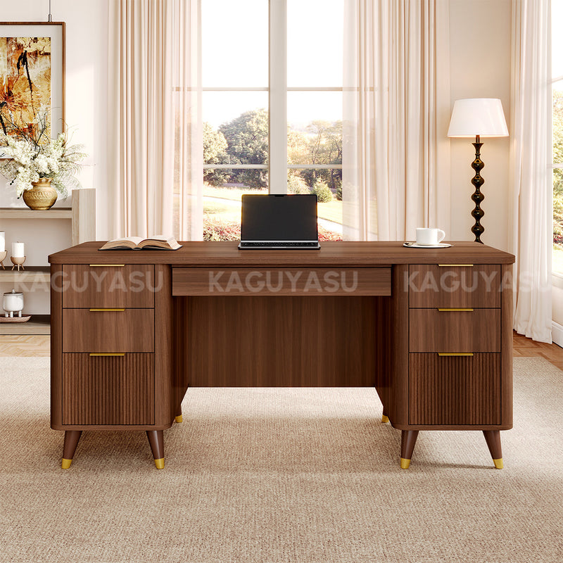 Modern 65" L Office Desk with Rounded Corners, Privacy Front Panel, Elevated Legs & Multi-drawer Storage for Professional Workspaces（In Stock）