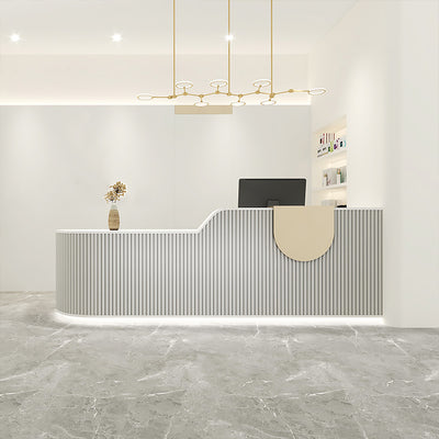 Striped Curved Reception Desk with Custom Logo and Multiple Drawers for Salons JDT-10102