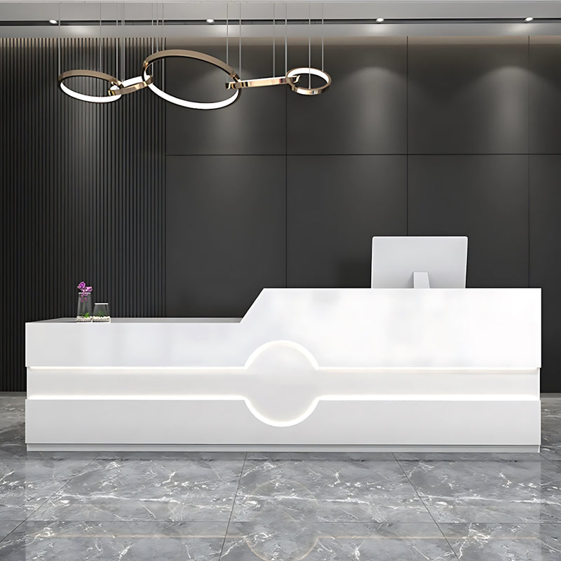 Modern Reception Desk with Cable Management, Fluted Front & LED Lighting for Office Lobby