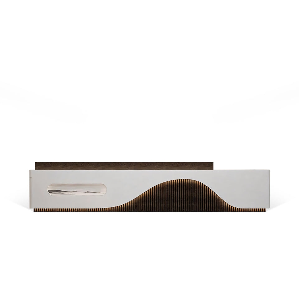 Curved Striped Front Desk with Keyboard Tray and Multiple Cabinets for Commercial Reception JDT-10136