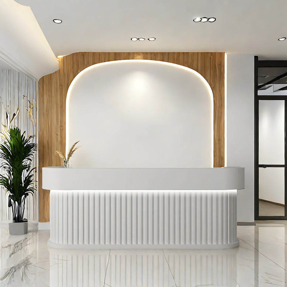 Salon Reception Desk 39-157 in Wide with Keyboard Tray, File Drawers & Fluted Front (In Stock)