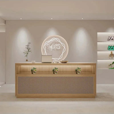 Rattan Design Front Desk with Display Window and Custom Logo for Reception JDT-10162