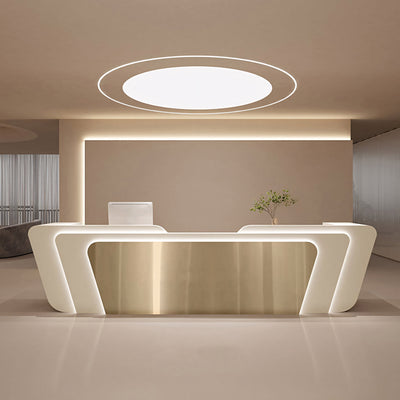 Curved Reception Desk 94 in Wide with LED Lighting, Stainless Steel & Lockable (In Stock)
