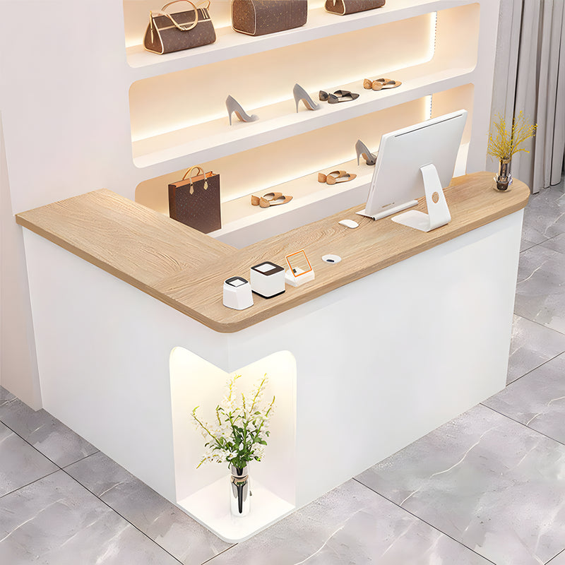 L-Shaped Reception Desk 51-87 in Wide with LED Lighting & Lumbar Support for Salon
