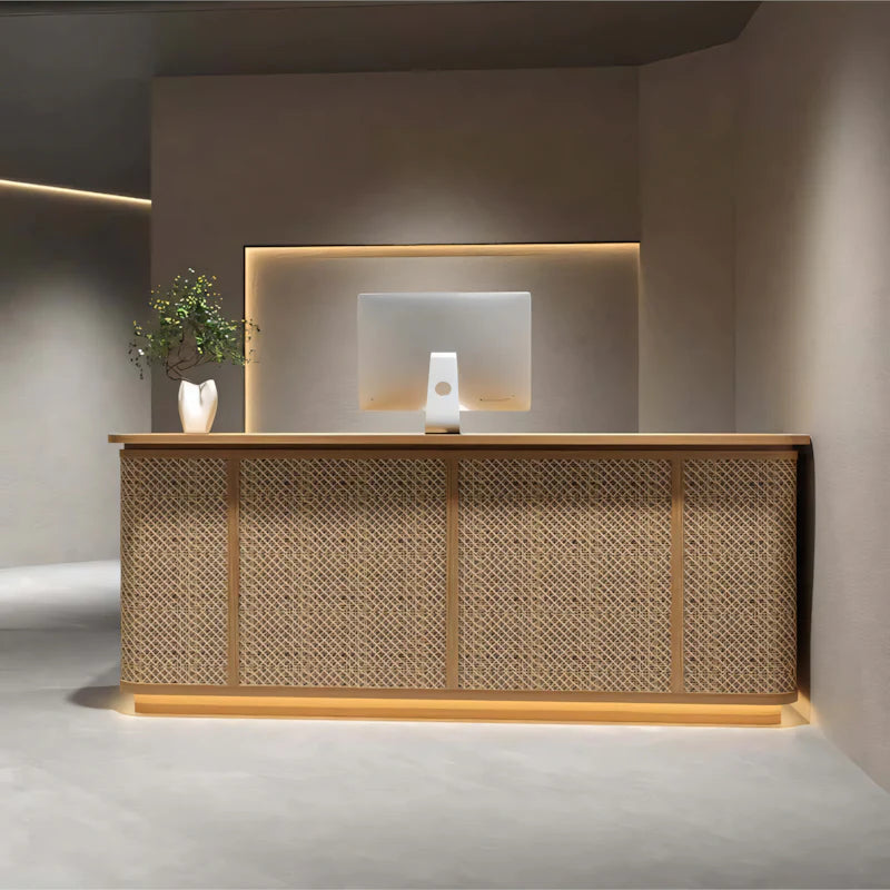 Curved Reception Desk 47-118 in Wide with Rattan & Lumbar Support for Hotel Lobby