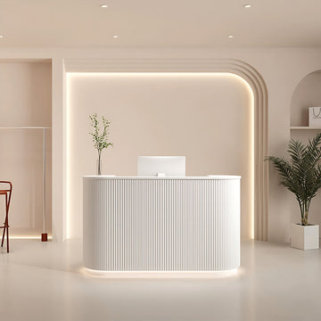 L-Shaped Reception Desk with LED Lighting, Lumbar Support & Transaction Counter for Retail (In Stock)