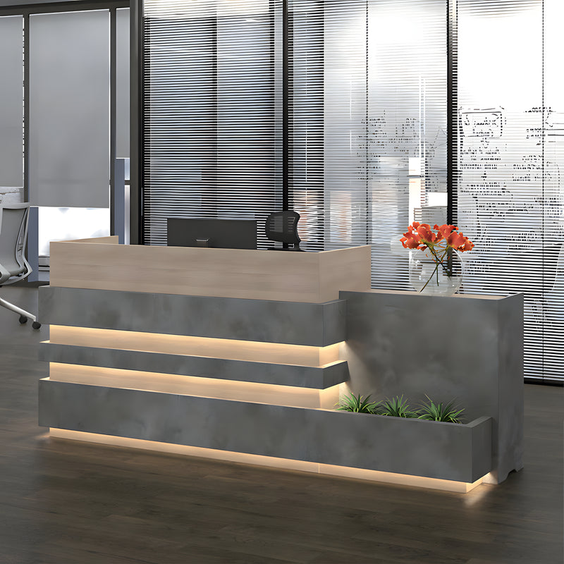 Modern Reception Desk 71-94 in Wide with LED Lighting, Lockable & Loft for Office Lobby