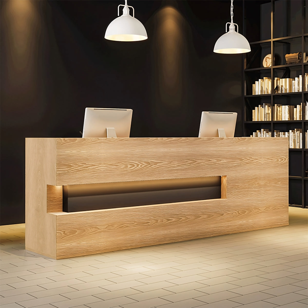 Hollow-Out Straight Custom Solid Wood Reception Desk with Cabinets and Drawers for Clothing Stores and Hotels JDT-769