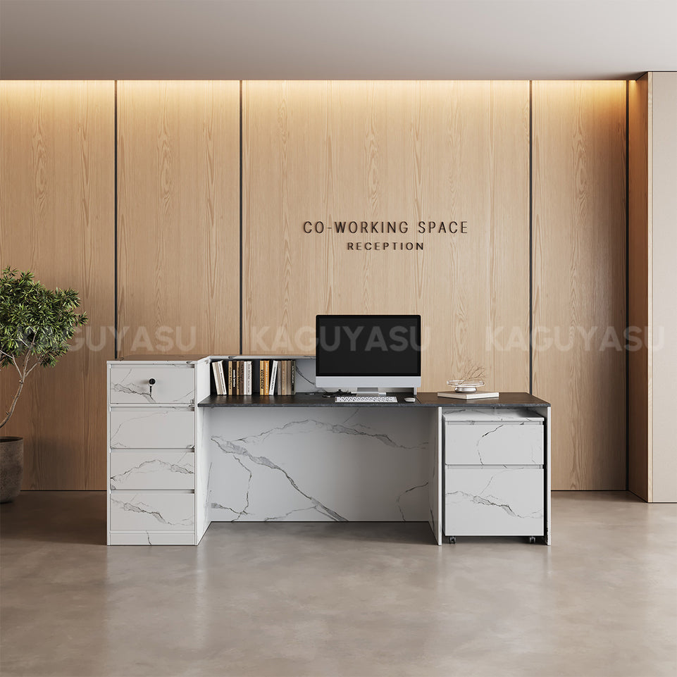 Marble-Look Reception Desk with LED Lighting, Power Outlet and Ample Storage