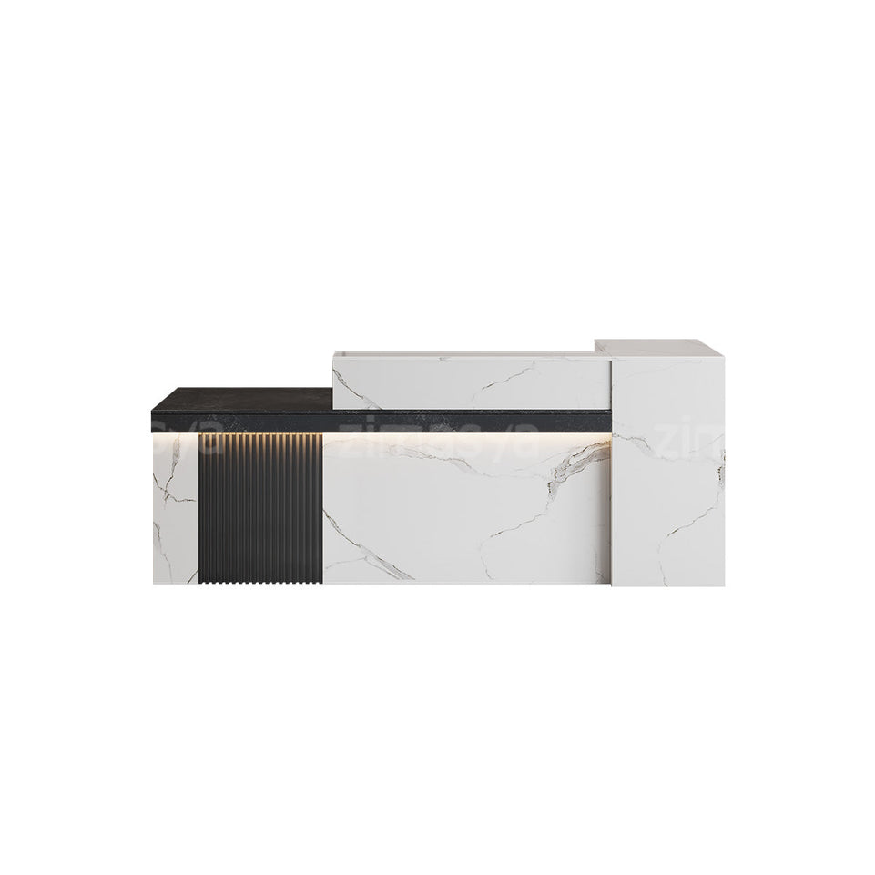 Marble-Look Reception Desk with LED Lighting, Power Outlet and Ample Storage