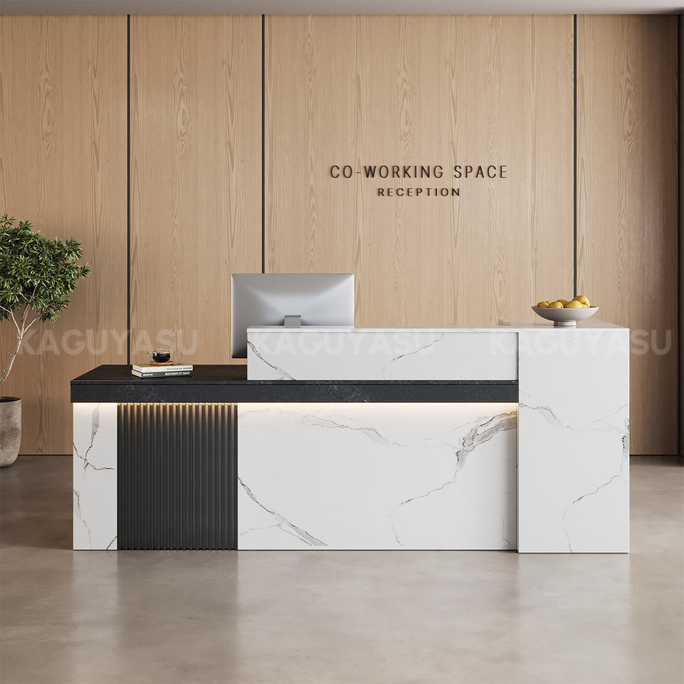 Marble-Look Reception Desk with LED Lighting, Power Outlet and Ample Storage