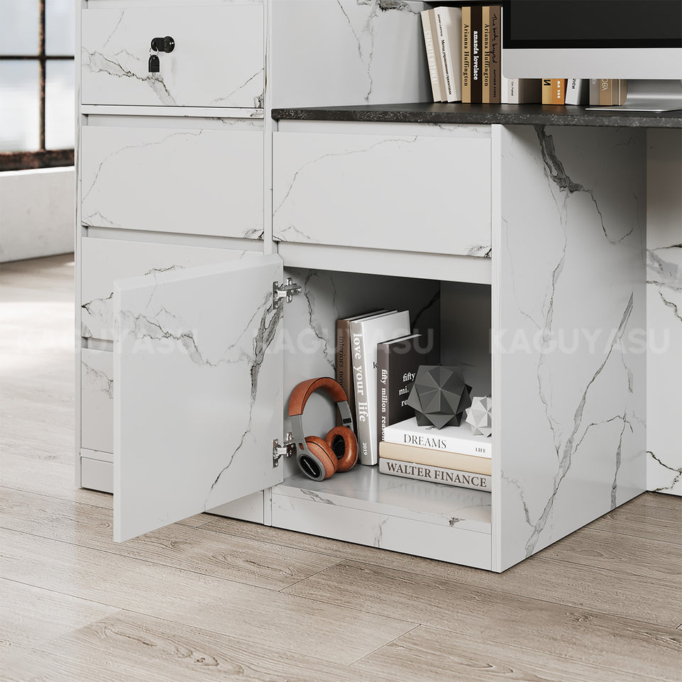 Marble-Look Reception Desk with LED Lighting, Power Outlet and Ample Storage