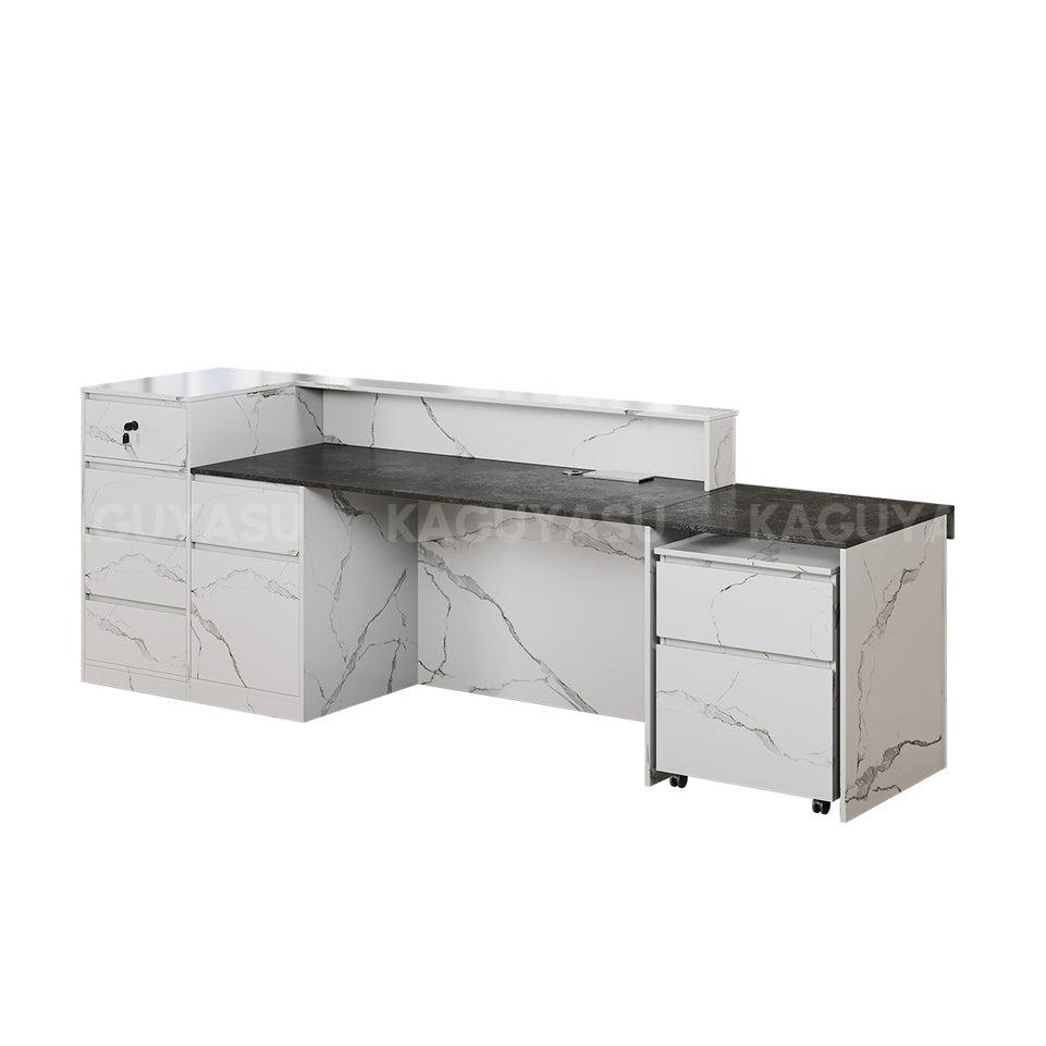 Marble-Look Reception Desk with LED Lighting, Power Outlet and Ample Storage