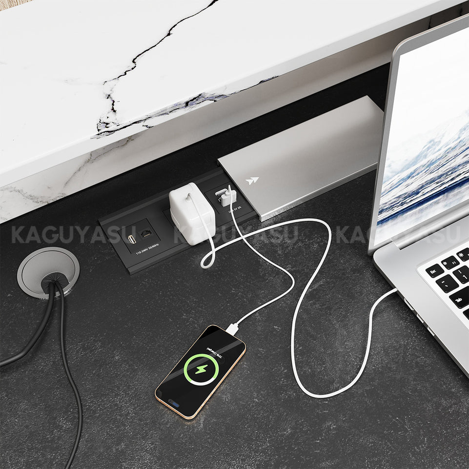Marble-Look Reception Desk with LED Lighting, Power Outlet and Ample Storage
