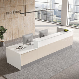 Modern Commercial 154" L Reception Desk with Multifunctional Cable Box, Dual-layer Counter & Reinforced Support Panel for Office, Hotel & Business Spaces