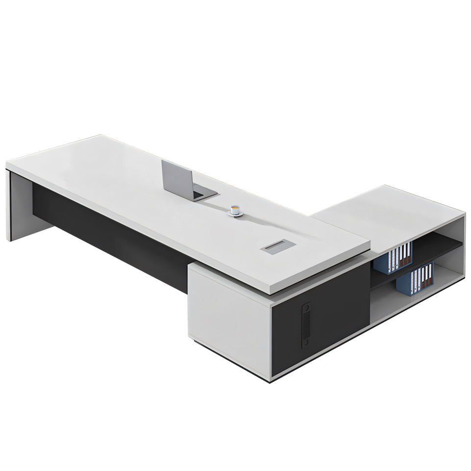 Modern Minimalist Executive Desk With Side Chest and Chair Combination with Cable Management Box and Open Storage LBZ-10200