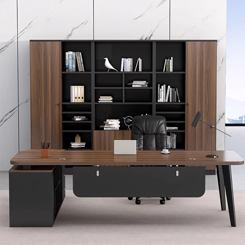 Modern Executive Desk with Side Storage, Curved & Cable Management for Home Office