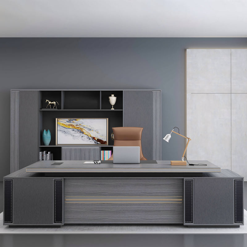 Modern Executive Desk with Lockable, Solid Wood & File Drawers for Home Office