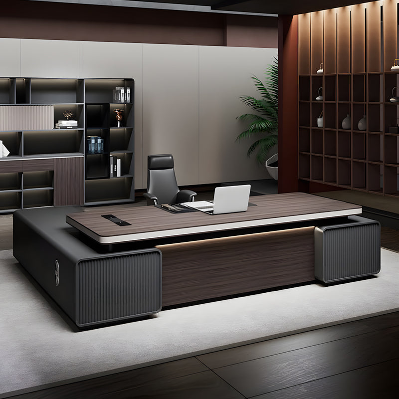 Modern Executive Desk with Cable Management, Curved & Built-In Outlets for Home Office