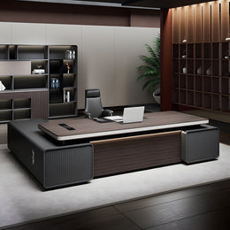 Modern Executive Desk with Cable Management, Curved & Built-In Outlets for Home Office