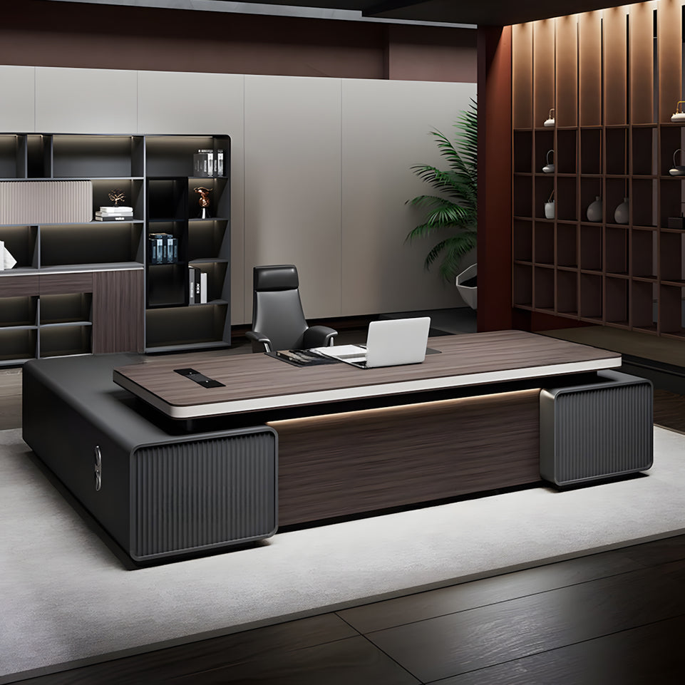 Modern Executive Desk with Cable Management, Curved & Built-In Outlets for Home Office