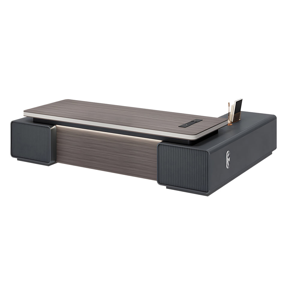 Modern Executive Desk with Cable Management, Curved & Built-In Outlets for Home Office
