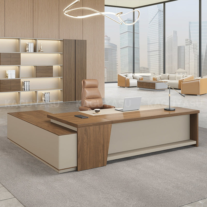 Elegant and Minimalist L-Shaped Executive Desk with Thick Desktop and Spacious Side Cabinet LBZ-2142