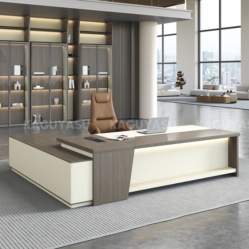 L-Shaped Executive Desk with LED Lighting, Side Storage & Cable Management for Home Office