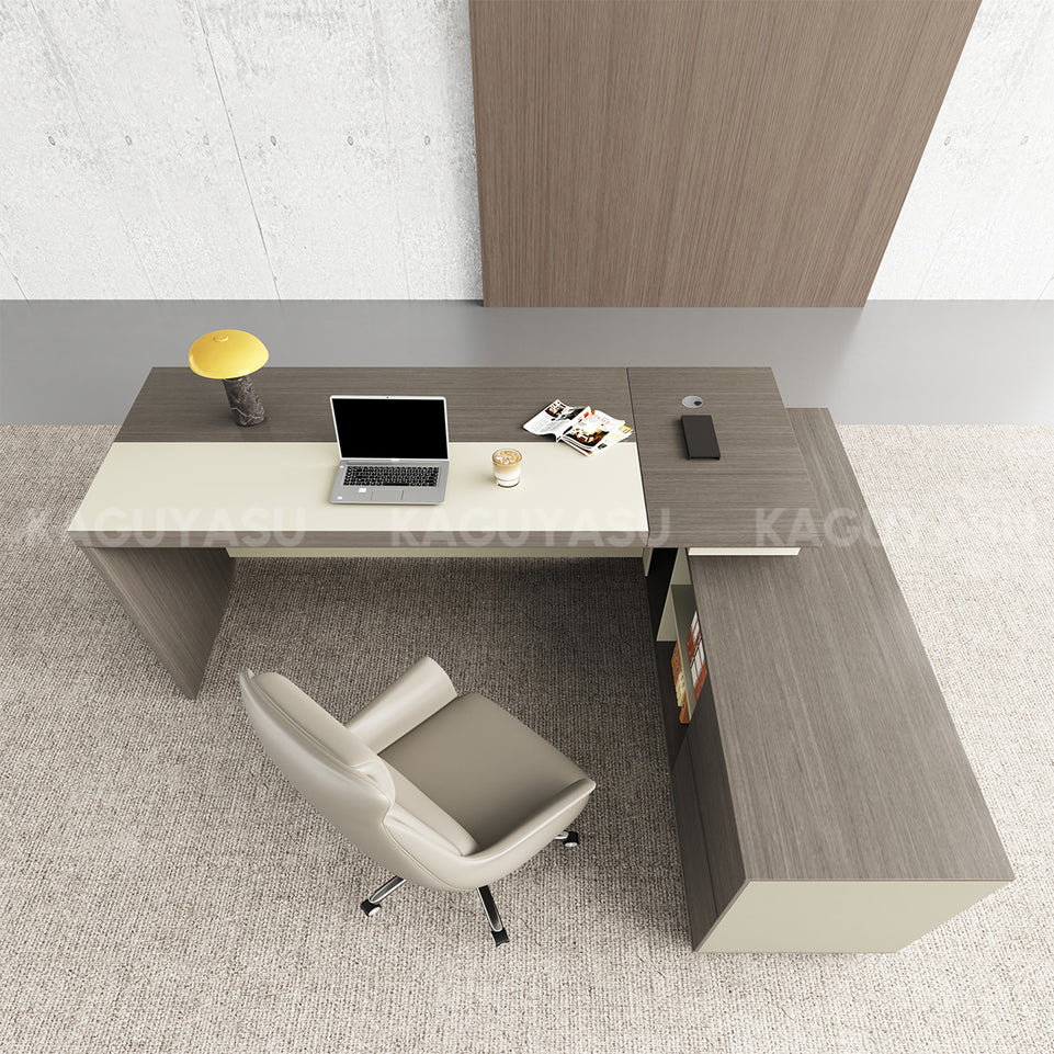 L-Shaped Executive Desk with LED Lighting, Side Storage & Cable Management for Home Office