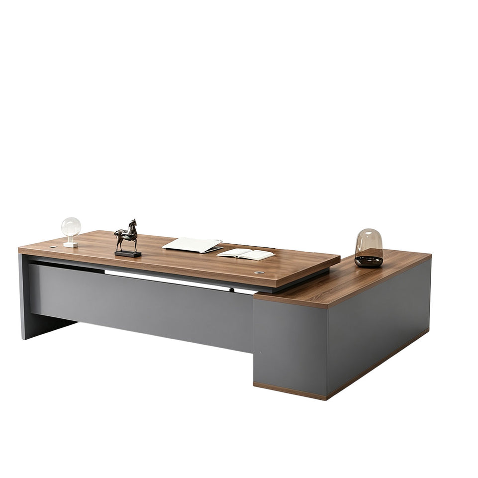 Elegant 55"–79" L Executive Desk with Thick Durable Desktop, Precision Edge Banding, Smart Cable Management, Large Storage Cabinet for Professional Offices