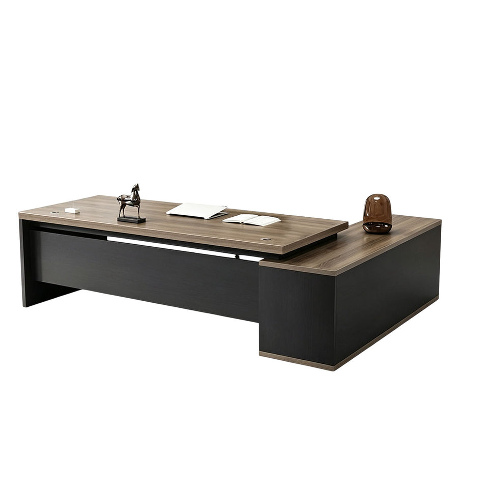 Elegant 55"–79" L Executive Desk with Thick Durable Desktop, Precision Edge Banding, Smart Cable Management, Large Storage Cabinet for Professional Offices