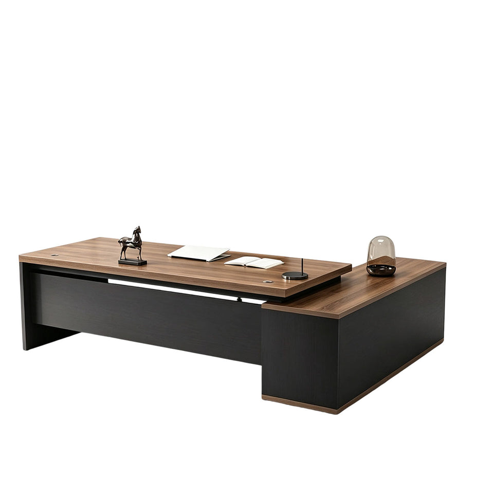 Elegant 55"–79" L Executive Desk with Thick Durable Desktop, Precision Edge Banding, Smart Cable Management, Large Storage Cabinet for Professional Offices
