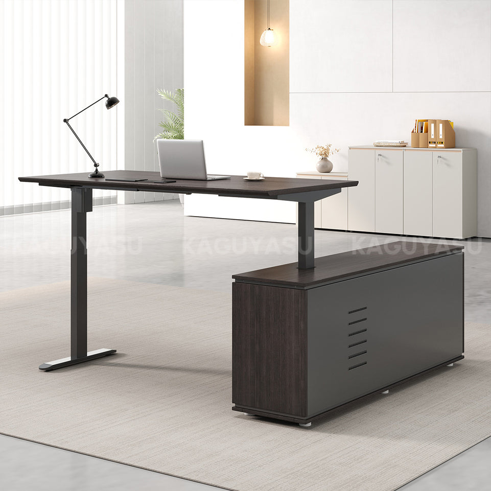 Electric Height-Adjustable Executive Desk with Power Outlet and Side Storage Cabinet