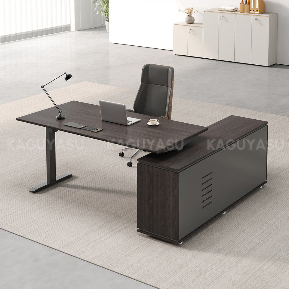Electric Height-Adjustable Executive Desk with Power Outlet and Side Storage Cabinet