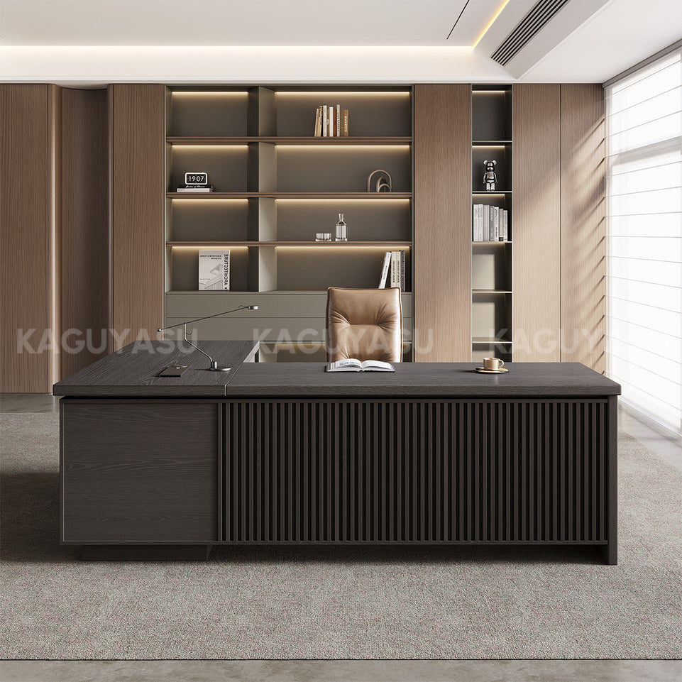 L-Shaped Executive Desk with Built-In Power, Side Storage & Slatted Modesty Panel