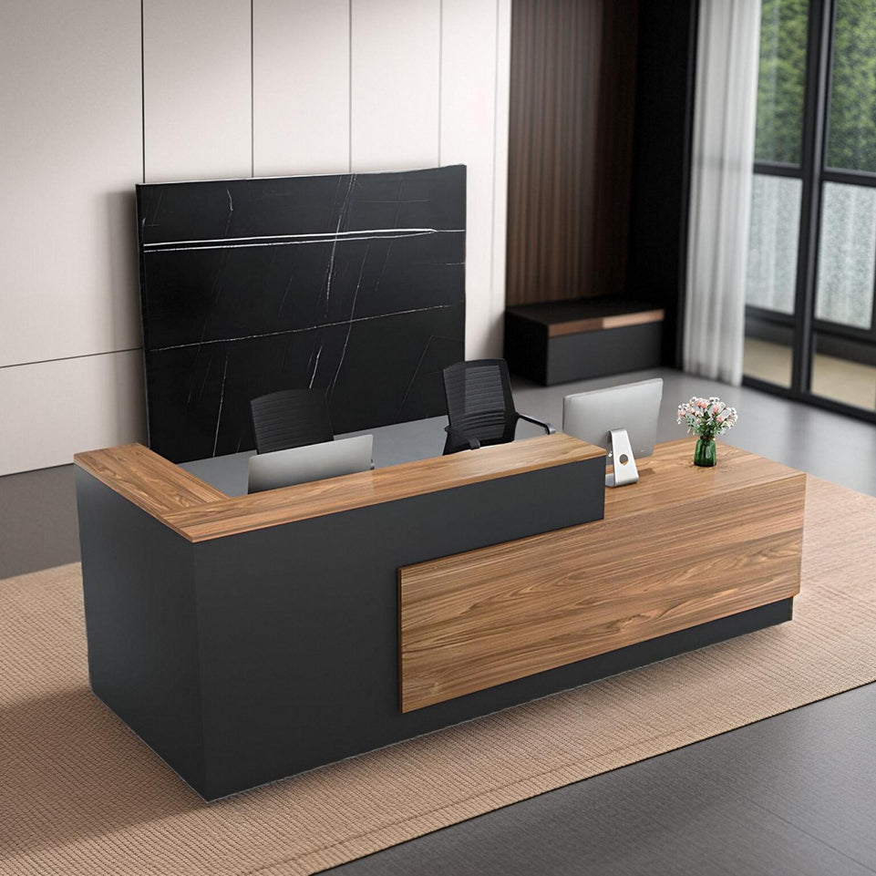 Color-Blocked L-Shaped Reception Desk with Keyboard Tray and Lockable Drawer for Offices and Hotels JDT-011-KC-W  (West Coast)