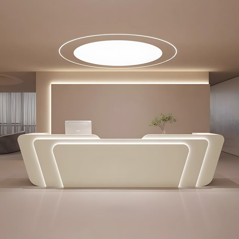Curved Reception Desk 110 in Wide with LED Lighting, Stainless Steel & Lockable for Retail