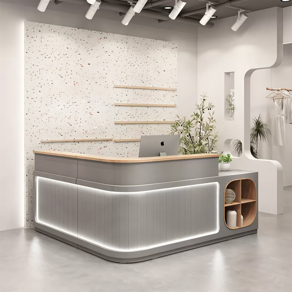 Straight Reception Desk with Small Window Design, LED Lights, Keyboard Tray, and Cabinets for Salons and Clothing Stores JDT-1066