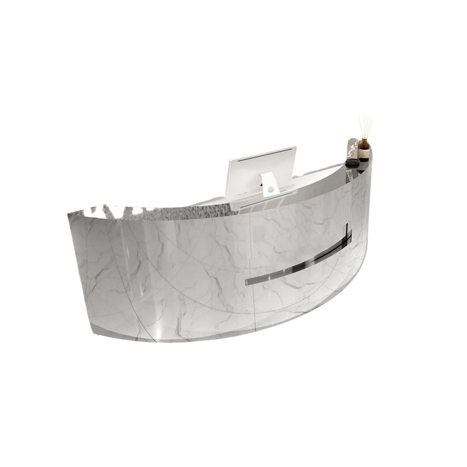 Premium Stainless Steel Reception Desk with Dual-level Countertop, Lockable Storage Cabinets, Silent Keyboard Tray & Vintage Drawer Handles for Modern Commercial Spaces