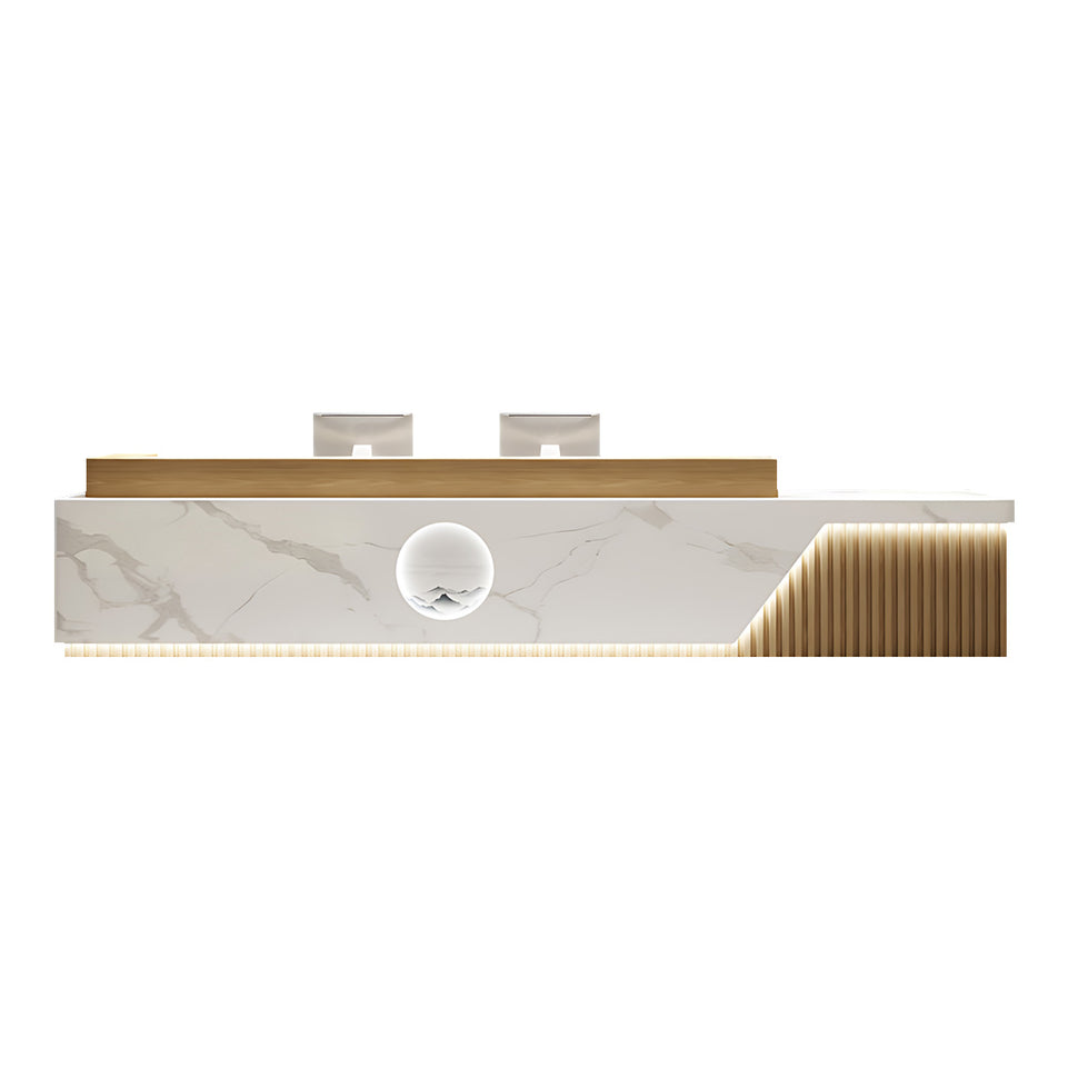 Elegant Reception Desk with Marble-look Finish, LED Lighting, Right-angle Design & Spacious Storage Cabinet for Salon & Retail Spaces (59–197 in. L)