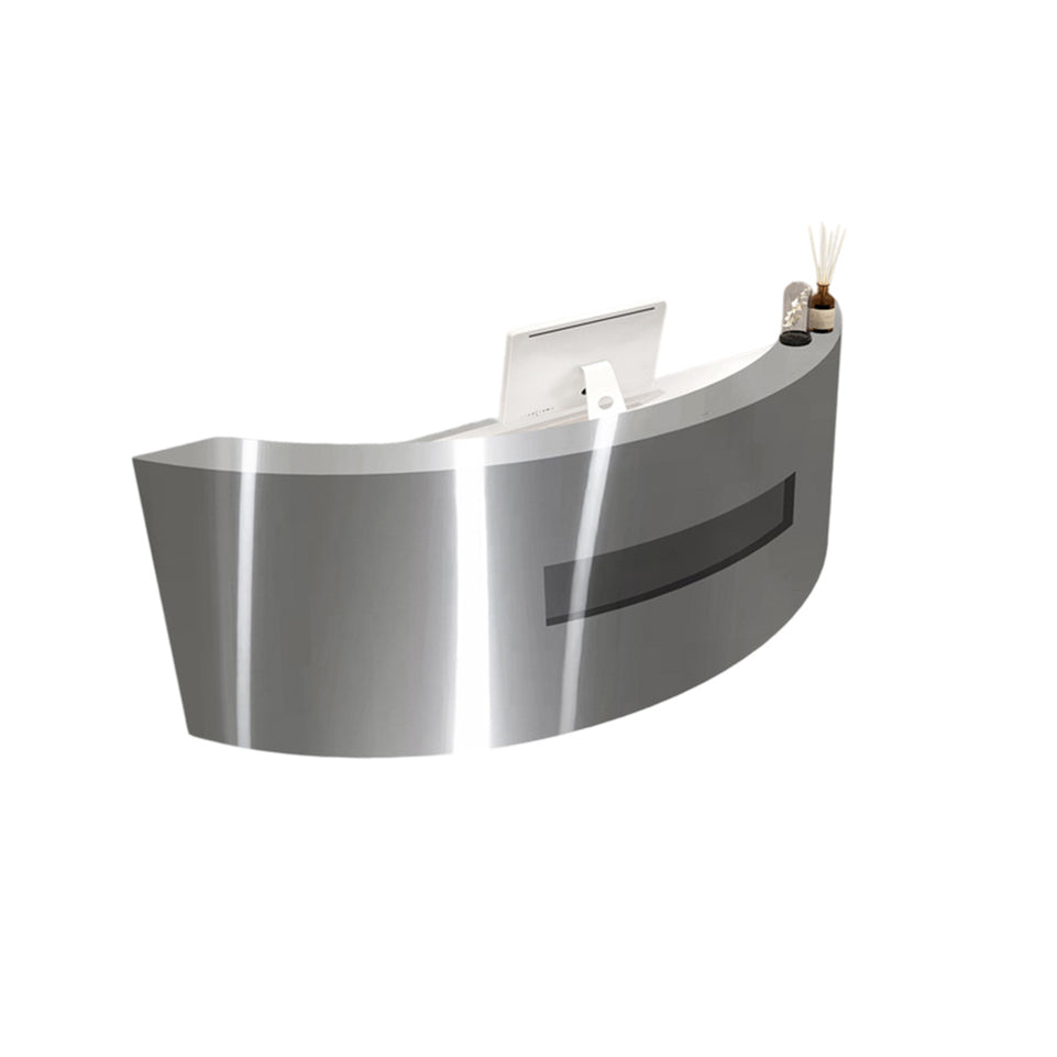 Premium Stainless Steel Reception Desk with Dual-level Countertop, Lockable Storage Cabinets, Silent Keyboard Tray & Vintage Drawer Handles for Modern Commercial Spaces