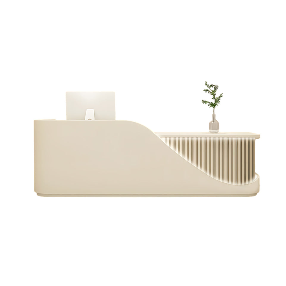 Modern Reception Desk with Dual-level Countertop, Rounded Safety Corners, Silent Keyboard Tray, Custom Logo Option & Spacious Storage Cabinet for Commercial Spaces
