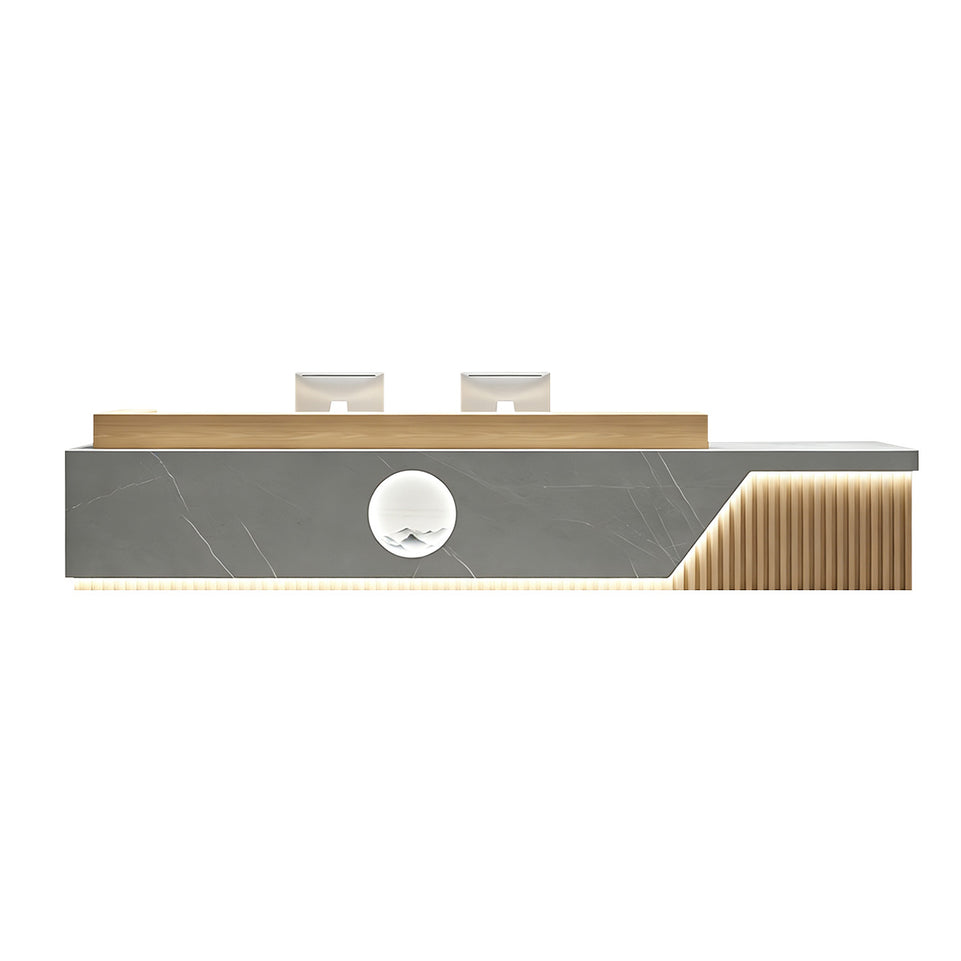 Elegant Reception Desk with Marble-look Finish, LED Lighting, Right-angle Design & Spacious Storage Cabinet for Salon & Retail Spaces (59–197 in. L)
