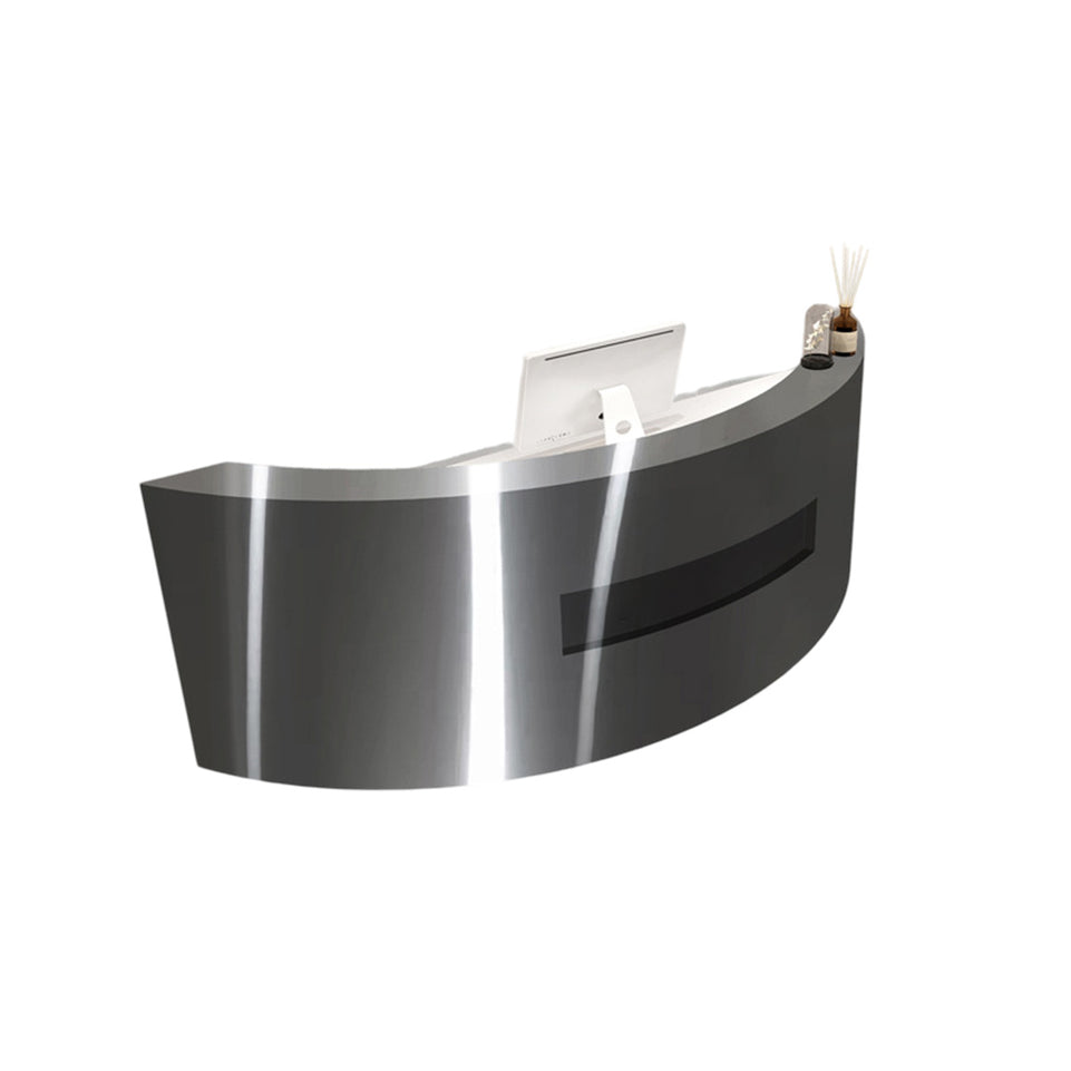 Premium Stainless Steel Reception Desk with Dual-level Countertop, Lockable Storage Cabinets, Silent Keyboard Tray & Vintage Drawer Handles for Modern Commercial Spaces