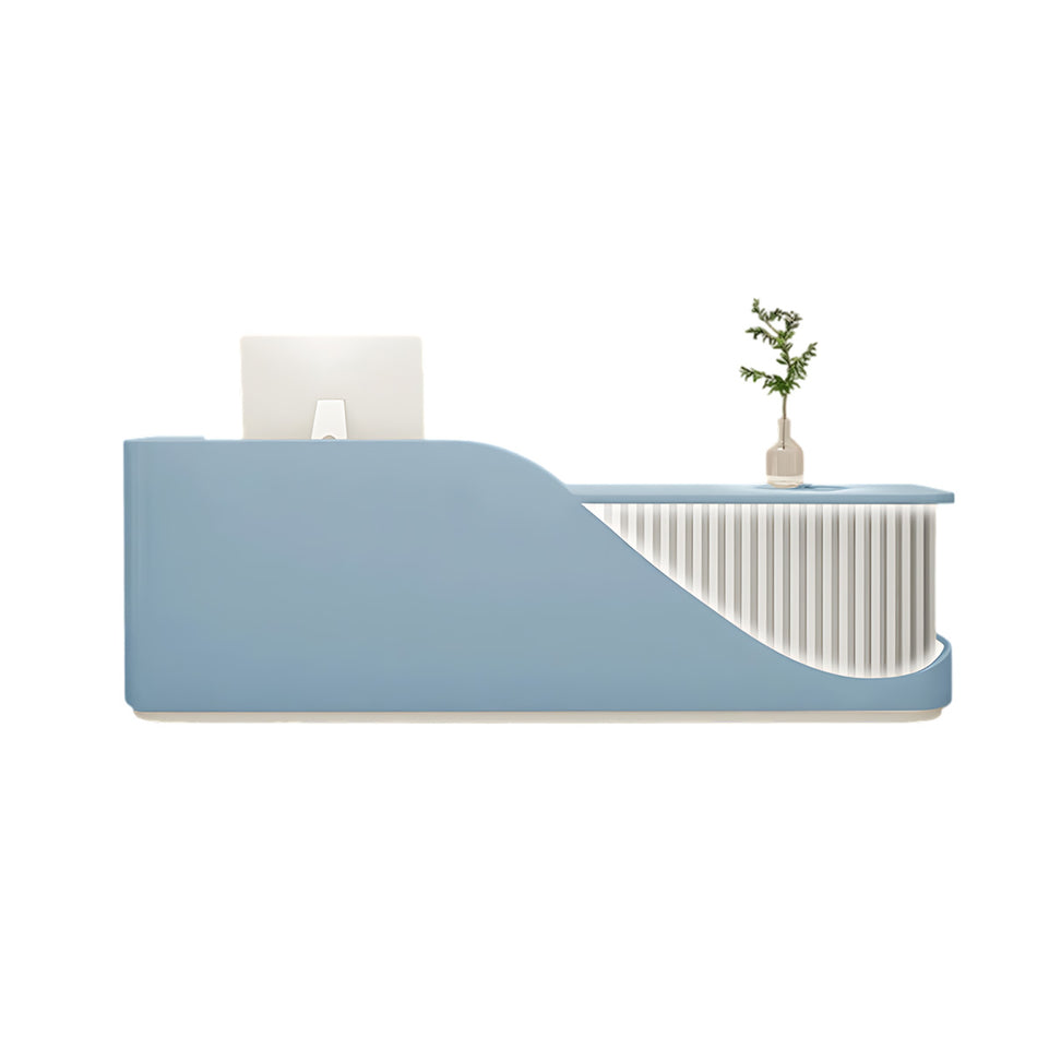 Modern Reception Desk with Dual-level Countertop, Rounded Safety Corners, Silent Keyboard Tray, Custom Logo Option & Spacious Storage Cabinet for Commercial Spaces