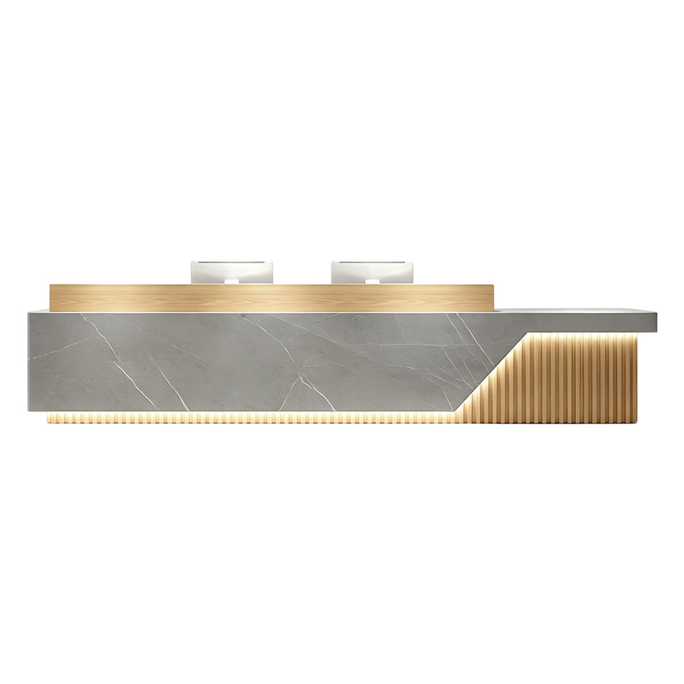 Elegant Reception Desk with Marble-look Finish, LED Lighting, Right-angle Design & Spacious Storage Cabinet for Salon & Retail Spaces (59–197 in. L)