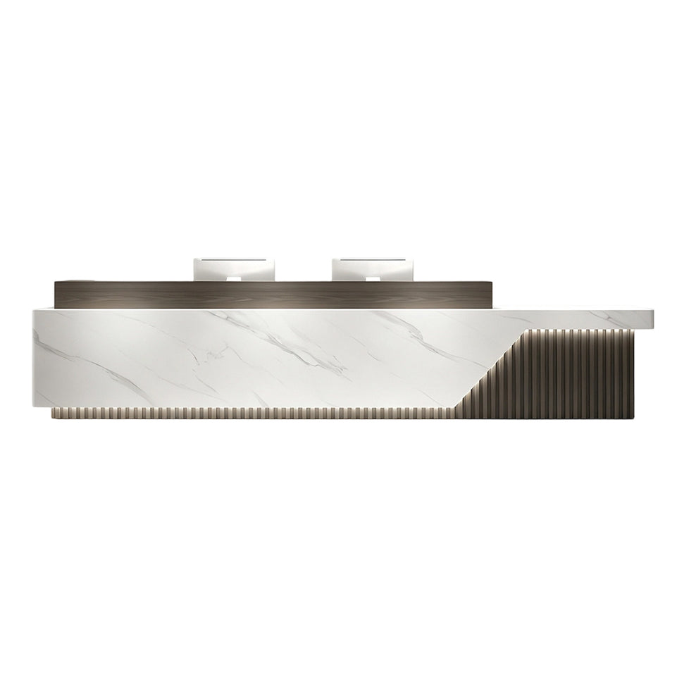 Elegant Reception Desk with Marble-look Finish, LED Lighting, Right-angle Design & Spacious Storage Cabinet for Salon & Retail Spaces (59–197 in. L)