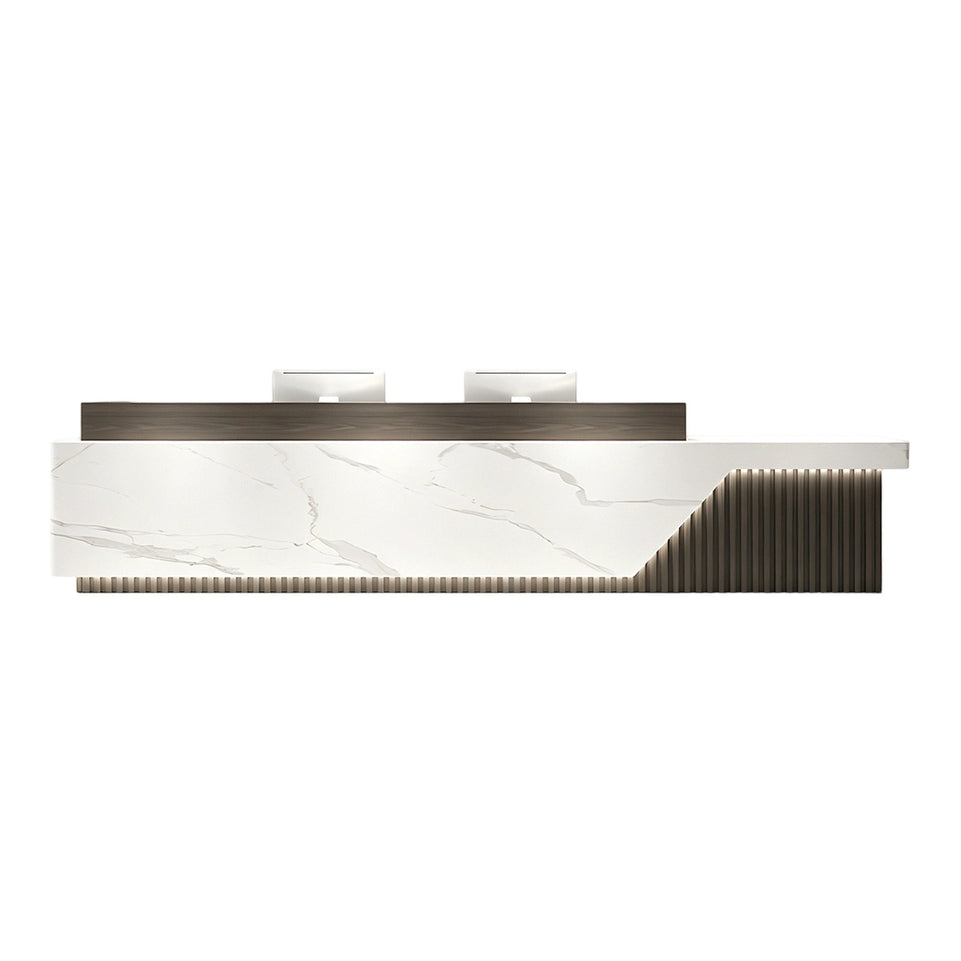 Elegant Reception Desk with Marble-look Finish, LED Lighting, Right-angle Design & Spacious Storage Cabinet for Salon & Retail Spaces (59–197 in. L)