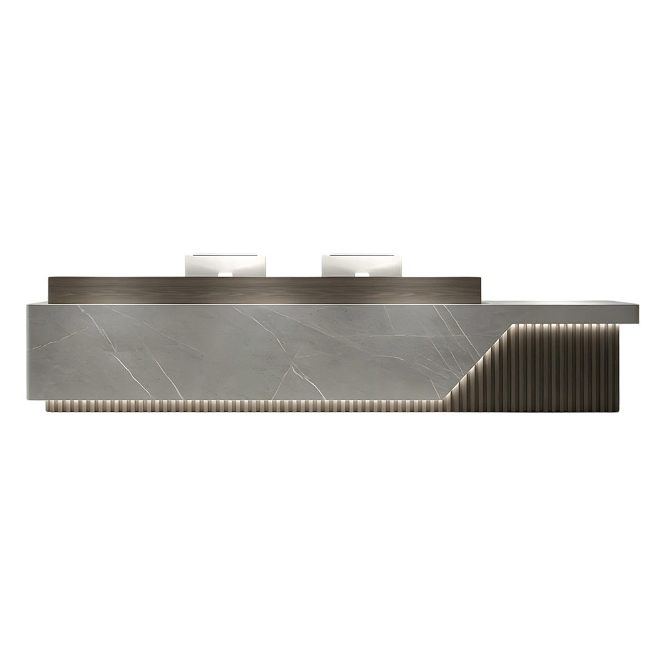 Elegant Reception Desk with Marble-look Finish, LED Lighting, Right-angle Design & Spacious Storage Cabinet for Salon & Retail Spaces (59–197 in. L)